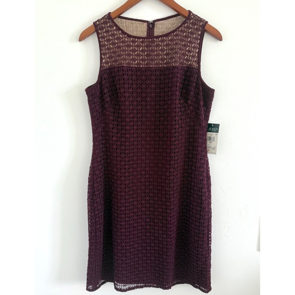 Lauren Ralph Lauren Burgundy Sheer Lace Illusion Sheath‎ Dress 10 NWT $170